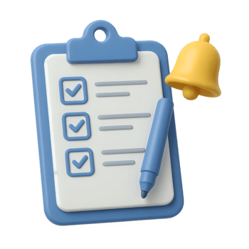 3D Render of a Blue Clipboard with a Completed Checklist and a Yellow Notification Bell, Symbolizing Task Management, Time Reminder, and Successful Project Completion png