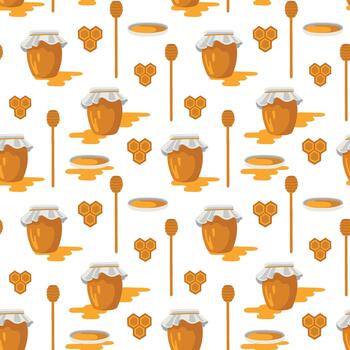 hand-drawn seamless pattern with honey, pot, honey dipper and honeycombs vector