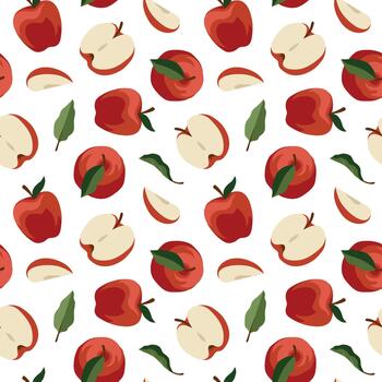 hand-drawn seamless summer pattern with red apples, leaves and sliced apple fruit on white background. vector