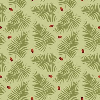 hand-drawn seamless pattern with palm leaves and dates . vector