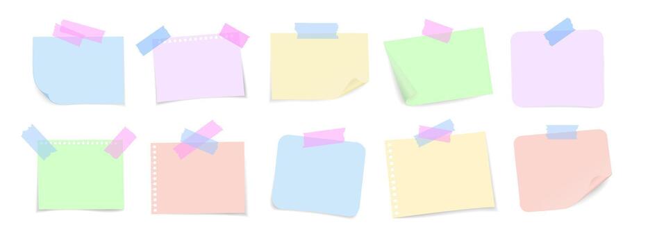 Paper notes with pins and tape. Realistic colored sticky papers with curled corners and notebook sheets. templates for messages, reminders, and office design. vector