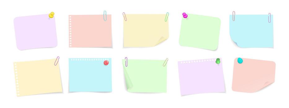 Set of sticky notes with push pins and paper clips. Realistic 3D collection of memo papers with curled corners isolated vector
