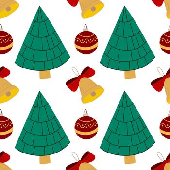 Christmas seamless pattern in hand draw style. Christmas trees, Christmas tree balls. Print for design, textile vector