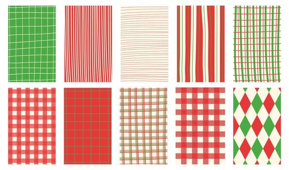 Christmas retro, vintage hand drawn abstract patterned backgrounds. French, Italian style patterns with strips, checkered and plaid pattern. Pastel colors festive abstract design bg. vector