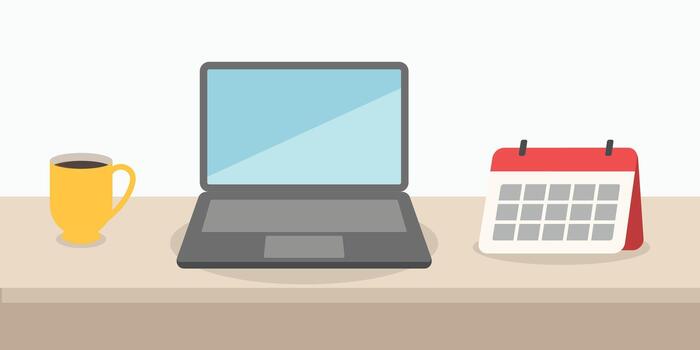 Clean desk mode icon showing a laptop, coffee cup, and calendar on a tidy workspace surface. Ideal for productivity themes, minimalist office visuals, and organized work setups. vector