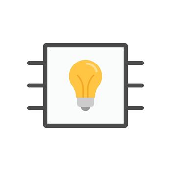 AI spark idea icon showing a neural chip merged with a light bulb, symbolizing creative innovation and artificial intelligence inspiration for modern tech concepts. vector