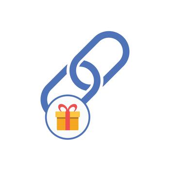Gift link sent icon showing a connected chain link with a small gift box attached. Perfect for digital gifting, online rewards, and festive sharing concepts. vector