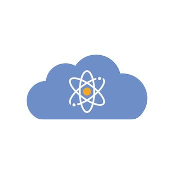 Quantum cloud icon featuring an atom ring orbiting a cloud, representing futuristic cloud computing, quantum technology, and advanced digital science connections. vector