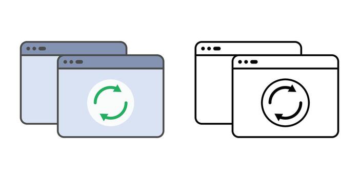 Workspace sync icon featuring two overlapping windows with a sync arrow between them. Perfect for remote collaboration, cloud synchronization, and workflow alignment concepts. vector
