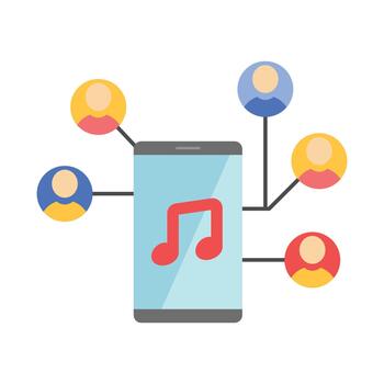 Shared playlist party icon featuring a smartphone with music notes connecting to multiple users. Ideal for music sharing, social audio experiences, and collaborative playlist visuals. vector