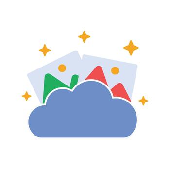 Photo memory cloud icon featuring a cloud with small images and sparkles emerging. Great for digital photo storage, cloud memory sharing, and nostalgic media concepts. vector