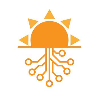 Innovation horizon icon featuring a sunrise rising behind a circuit board line, representing new technological beginnings, bright digital progress, and futuristic innovation. vector