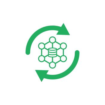Renewable data flow icon showing circular arrows around a data node, symbolizing sustainable technology, eco-efficient data management, and continuous digital motion. vector