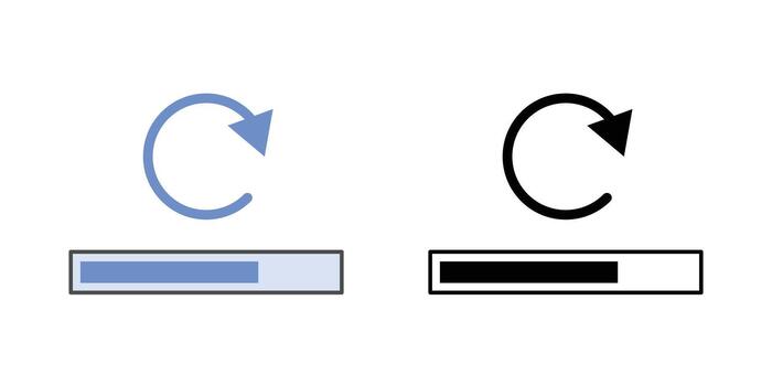 Progress bar reset icon showing a half-filled loading bar with a refresh symbol above it. Perfect for update cycles, data refresh actions, and system progress reset visuals. vector