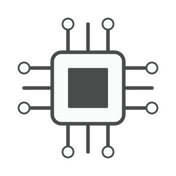 Smart integration chip icon showing a microchip with outward connecting lines, symbolizing seamless system connection, modern data integration, and intelligent tech solutions. vector