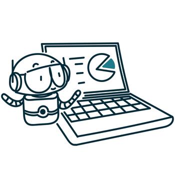 a robot is sitting next to a laptop with a pie chart on it vector