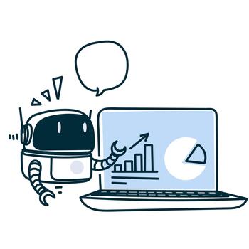 a robot is pointing at a laptop with a chart on it vector