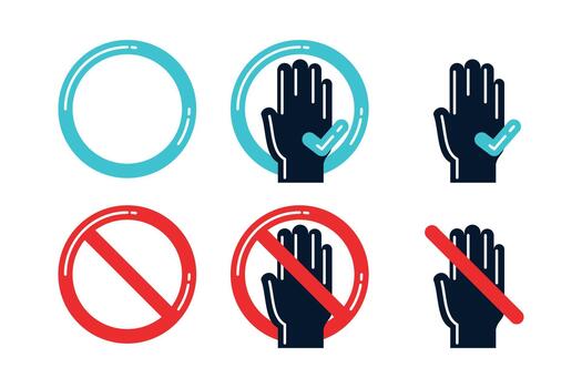 Simple hand gesture control symbols, ideal for touch screen interfaces, interactive displays, warning signs, user manuals, safety instructions, and modern technology guides. vector
