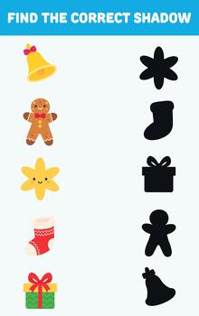 Find the correct shadow. Christmas elements. Isolated background. vector
