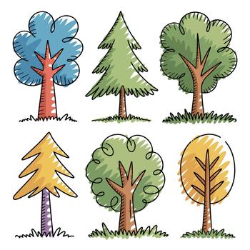 Set of Six HandDrawn Trees design in Various Styles vector