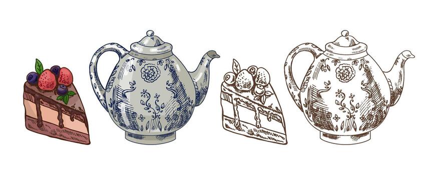 Hand drawn vintage sketch of porcelain teapot and chocolate cake with berries in color and monochrome version, isolated illustration vector