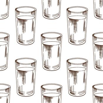 Hand drawn seamless pattern of milk drink in clear glass with monochrome brown sketch lines and rustic style vector