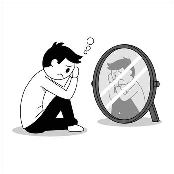 Minimalist Line Art Depressed Man Looking at Reflection in Mirror Illustration vector
