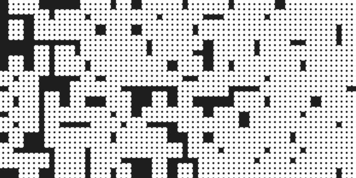 Abstract black and white halftone pattern geometric mosaic background, square pixel dot texture, digital distortion effect vector