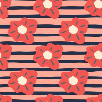 Abstract floral pattern with red flowers on striped background, modern geometric repeat design vector