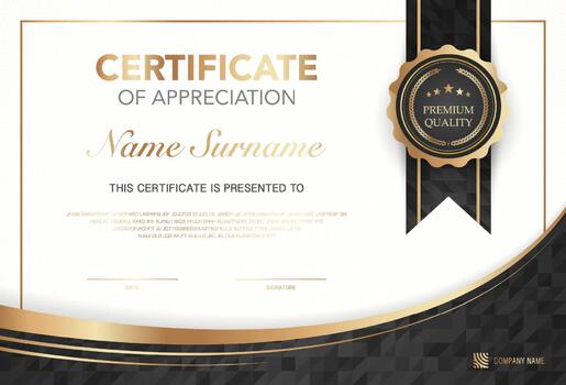 Modern certificate of appreciation template with elegant gold and black design, premium quality badge, customizable name and signature area, perfect for awards, achievement or recognition. vector