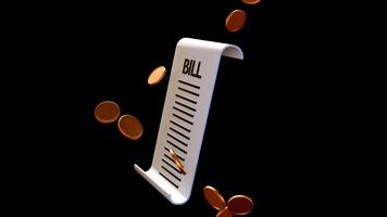 A 3d animation of paper with the word BILL printed at the top, along with several horizontal lines representing charges. Gold coins are floating around and raining down near the bill. video