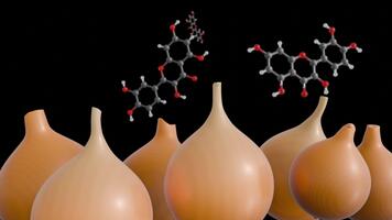 en 3d animering av kemisk strukturera formel av quercetin och grupp av chartreuse lök video