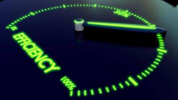 un' 3d animazione mostrando verde valutare etichettato efficienza con marcatura 0 per 100 e un' ago spazza rapidamente suggerendo costante fluttuazione nel prestazione video