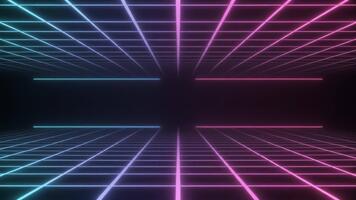 Vibrant glowing neon grid pattern extends into a deep digital space, creating an immersive retro-futuristic cyberspace experience with abstract geometric perspectives video