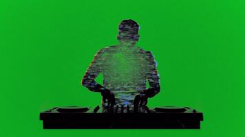 Silhouette DJ on green screen with retro TV glitch interference and analog static, seamless loop for concert visuals and promos video