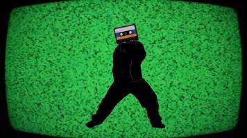 Retro glitchy TV distortion over green screen silhouette cassette-head dancer, analog static loop perfect for VJ backgrounds video