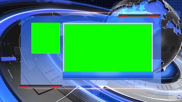 nieuws uitzending studio achtergrond diavoorstelling sjabloon met groen scherm voor chroma keying en virtueel reeks ontwerp, nieuws studio krantenkoppen sjabloon met twee groen scherm kaders voor nieuws omroep video