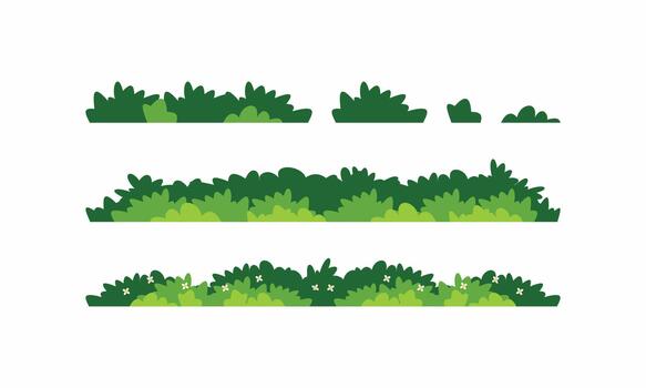 Cartoon green bush and grass assets set in flat design. Perfect elements for game backgrounds, level design, and nature scenes vector