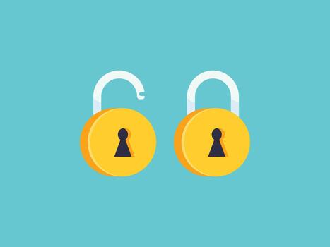 abierto y cerrado redondo oro candados plano íconos representando exitoso seguridad y cifrado acceso vector