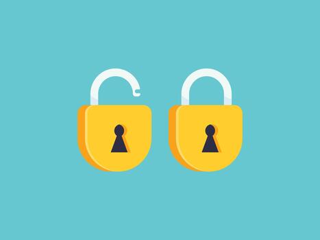 abierto y cerrado oro candado íconos en un azul antecedentes. seguridad, acceso, y digital cifrado plano diseño símbolo vector