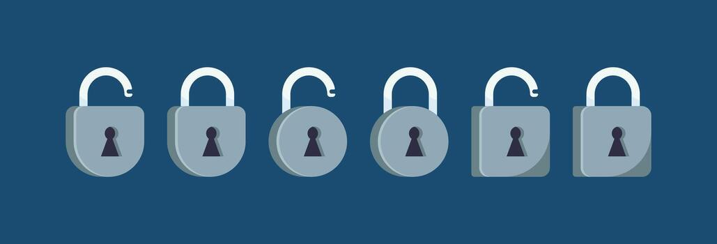 Row of silver padlocks icon set. Open and locked security symbols for website access and cybersecurity flat vector