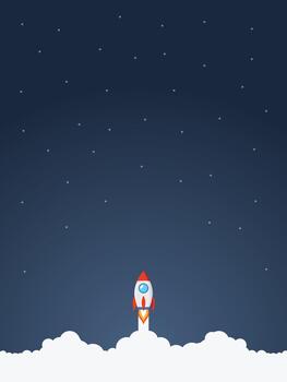 Minimalist cartoon rocket launching at night background. Flat design startup business . Rocket taking off with massive smoke, symbolizing new growth, aspiration, and successful project launch vector