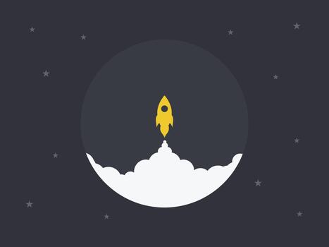 Ultra minimalist yellow rocket launch illustration. Simple flat design icon for business startup, progress, and success concepts. Abstract rocket taking off from a circle shape vector