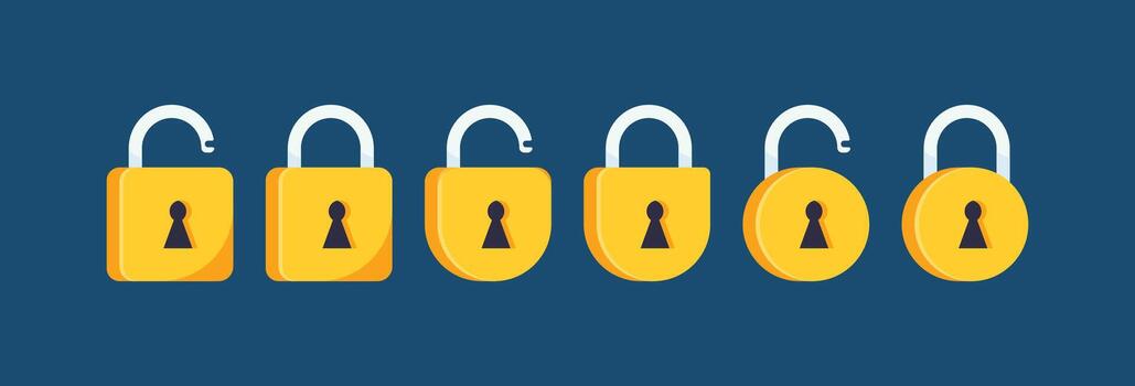 seis amarillo candados ilustración. abierto y cerrado seguridad Cerraduras para digital datos proteccion y autorización vector