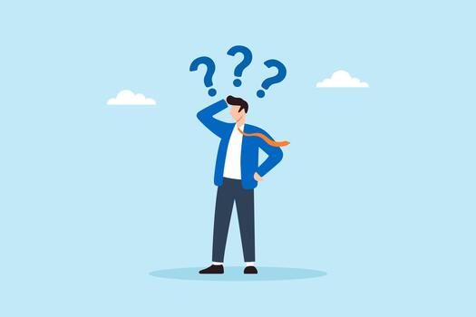 Flat illustration of confused businessman with question marks showing uncertainty memory loss hesitation and difficulty in decision making vector