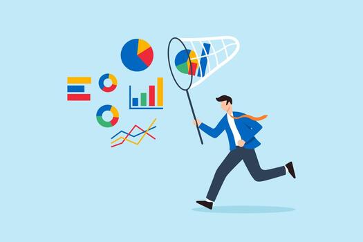 plano ilustración de empresario persiguiendo volador cartas y gráficos con red simbolizando datos colección negocio inteligencia analítica grande datos administración y mercado investigación vector