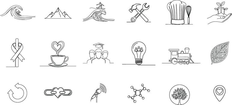 A collection of eighteen line style icons depicting various concepts and objects on a white background vector
