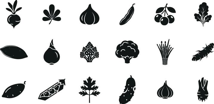 colección de varios negro vegetal íconos arreglado en un blanco antecedentes en un cuadrícula modelo vector