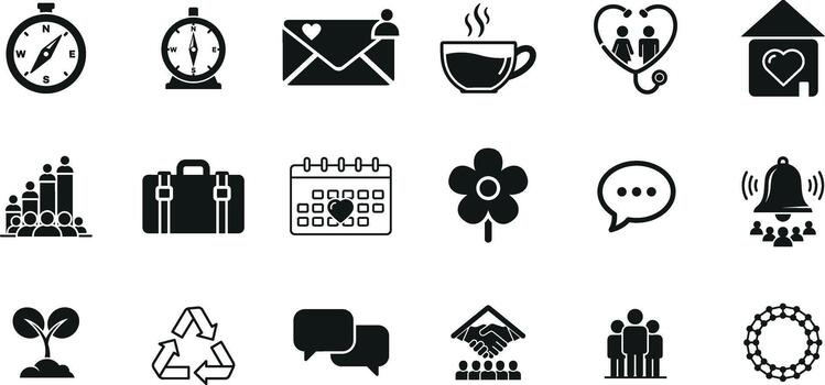 Collection of eighteen diverse silhouette icons arranged in a structured grid pattern on white vector