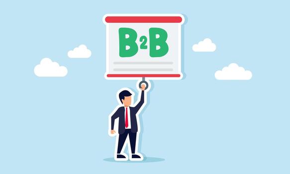 Businessman pulling a projector screen displaying the text B to B illustration of explaining business to business idea vector